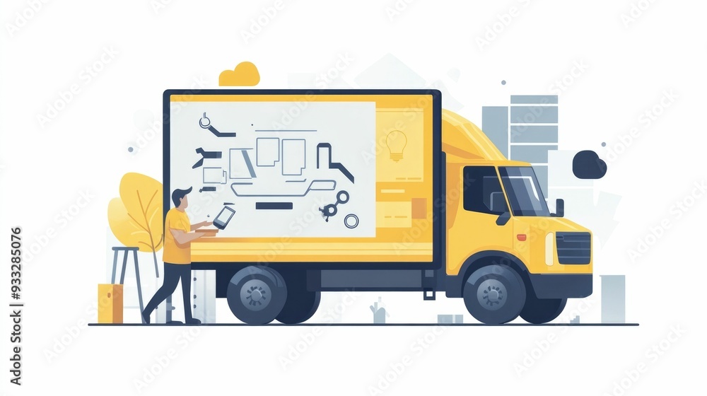 Poster flat design showcasing an efficient logistics and vehicle maintenance tracking system the image depi