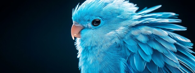  A blue and white bird in focus, wings extended against a black backdrop, eyes vividly open