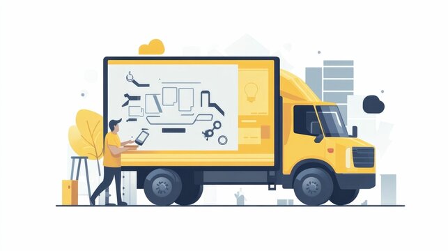 Flat design showcasing an efficient logistics and vehicle maintenance tracking system  The image depicts a digital dashboard interface with various data visualizations analytics