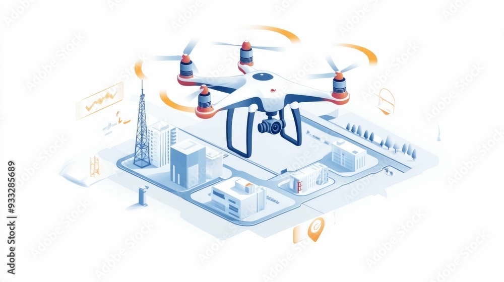 Poster futuristic flat design showcasing a comprehensive logistics drone delivery tracking system for effic