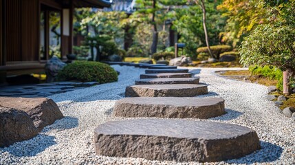 A Zen garden where minimalist goal setting is a simple stone path, each step deliberate and purposeful