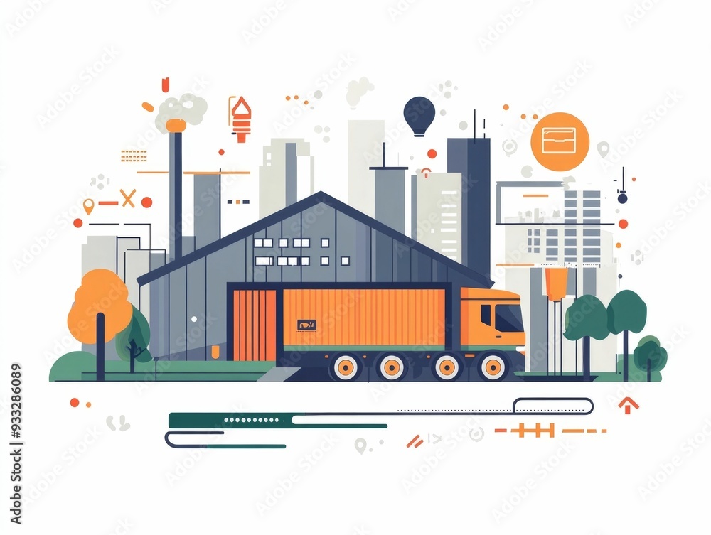 Poster flat design depicting the use of smart sensors and data analytics in supply chain logistics for real