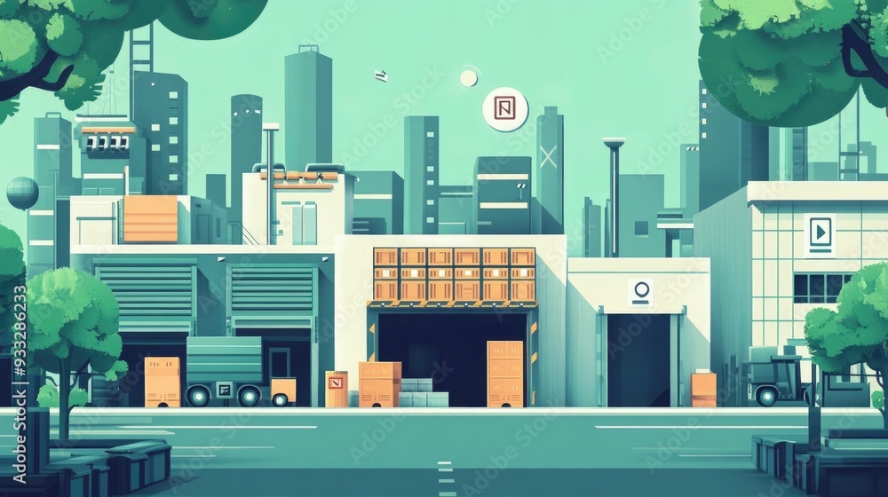 Poster automated supply chain dispatch and tracking flat design showcasing efficient logistics transportati