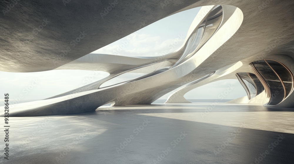 Wall mural abstract concrete structure with curved walls and windows overlooking the sea.