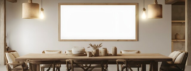 Inviting Rustic Dining Room with Soft Glowing Lighting and White Frame Mockup
