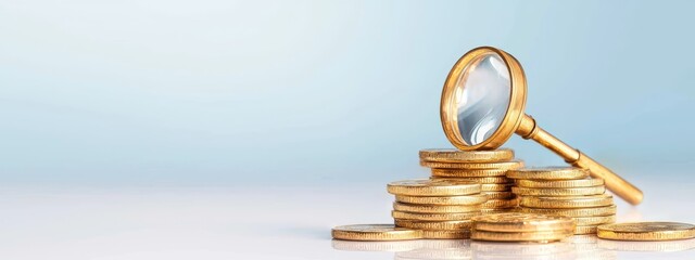  A stack of gold coins topped with a magnifying glass..Or:..Magnifying glass hovering over a gold coin pile, atop a larger stack