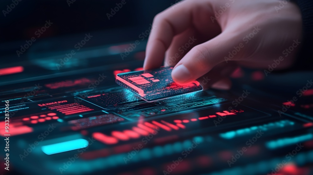 Poster futuristic tech interface - hand holding microchip