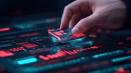 Naklejka premium Futuristic Tech Interface - Hand Holding Microchip