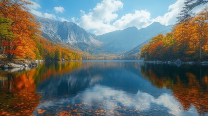 Scenic view of an autumn mountain lake reflecting vibrant foliage and sky