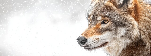 Fototapeta premium A tight shot of a wolf's expressive face, snowflakes gently descending Blurred backdrop