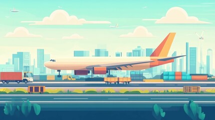 Efficient Air Freight Logistics and Management Flat Design depicting Transportation and Supply Chain in a Clean Minimalist Style