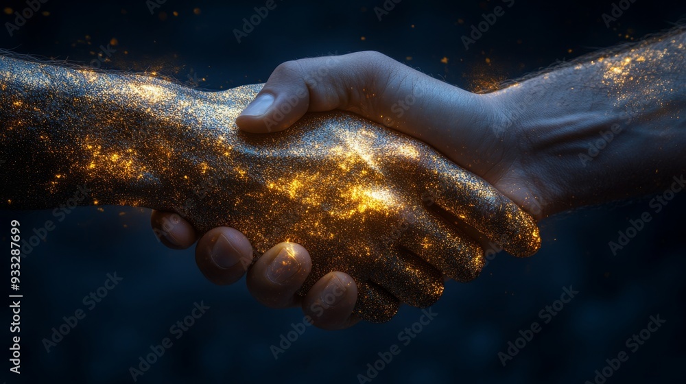 Aufkleber hands join in a sparkling handshake, representing collaboration and strength, illuminated by a cosmi