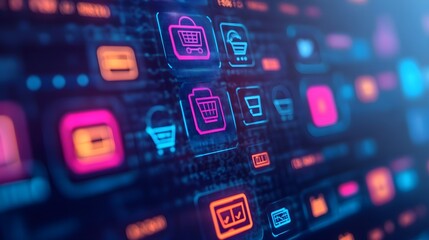 Fototapeta premium Neon Shopping Cart Icons on Digital Interface