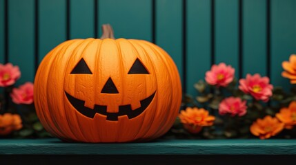 Obraz premium Spooky Pumpkin in Haunted Garden with Glowing Flowers on Halloween Night - Cartoonish Style, Copy Space,