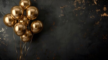 Obraz premium Gold balloons bunch on a black wall background. Horizontal banner.