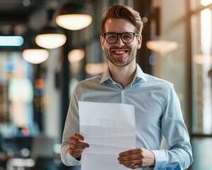 Happy young businessman in office, glasses, holding paper document, smiling confidently.