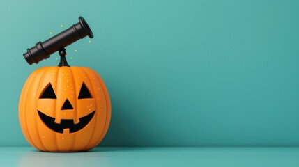 Enchanting Halloween Adventure - Pumpkin with Telescope in Cartoony Style Watching Glowing Stars with Copy Space.