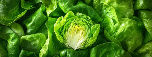 Fototapeta premium A tight shot of several lettuce heads against a backdrop of verdant lettuce leaves