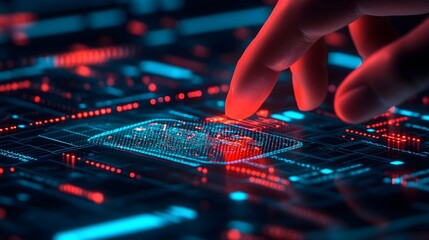 Naklejka premium Fingertip Touching Futuristic Circuit Board