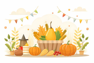 Simple flat vector illustration as Harvested field with golden sunset concept as A tranquil harvested field with a golden sunset embodying the spirit of Thanksgiving ideal for business presentations n