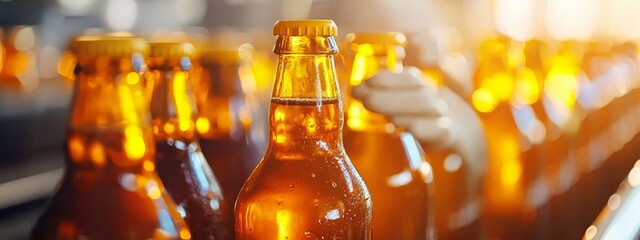  A conveyor belt holds a row of beer bottles closely aligned in a spacious room surrounded by additional bottles