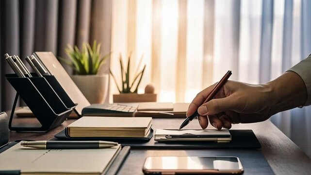 High-quality video shows hand arranging office supplies like notebook, pen and smartphone on a modern desk with natural light. Great for business presentations.