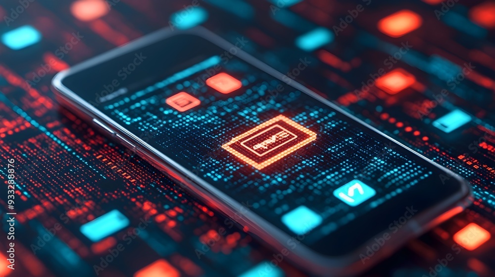 Poster smartphone with key icon on abstract digital background