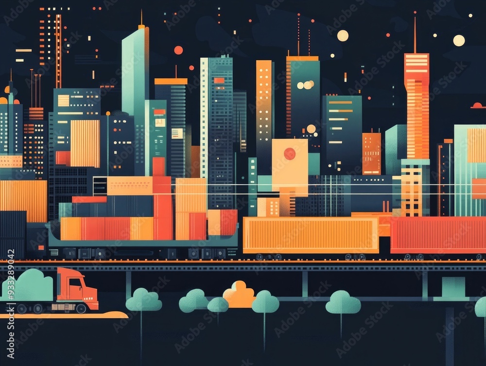 Poster flat design showcasing a comprehensive logistics network analytics system for efficient business tec