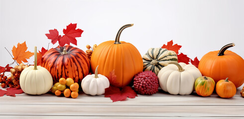 Autumn Harvest & Pumpkin Display. Colorful Pumpkins, Gourds, and Maple Leaves on a Rustic Wooden Table. Fall, Thanksgiving, Harvest Concept.