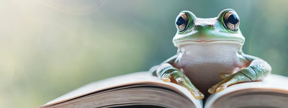  A frog sits atop an open book, gazing curiously at the camera