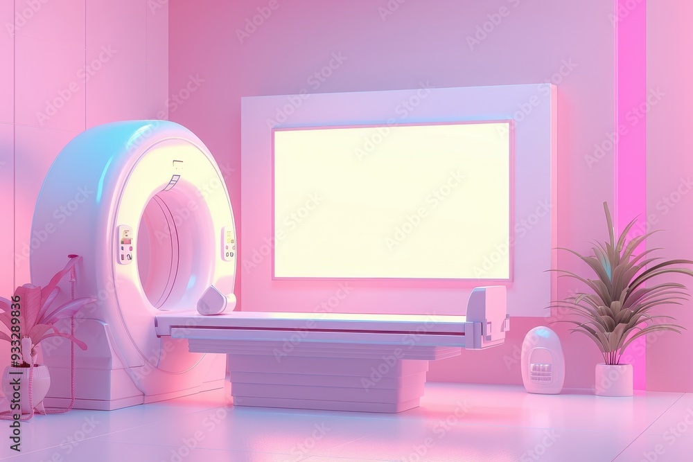 Poster a ct scan machine is surrounded by a board and a chair