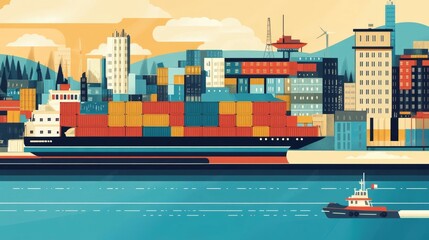 Obraz premium Flat design depicting the management of cargo transportation logistics in port shipping freight containers warehousing and distribution processes