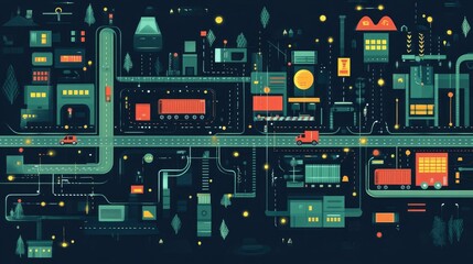 Fototapeta premium Centralized Logistics Network for Efficient Transportation and Distribution Flat Design of a Digitized Interconnected Logistics System Optimizing Cargo Flows and Supply Chain