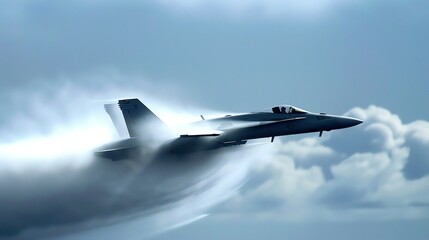 A fighter jet flies through the clouds, leaving a trail of smoke.