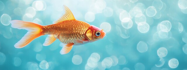 Fototapeta premium A goldfish in sharp focus against a blue backdrop, encircled by a soft, blurred ring of light