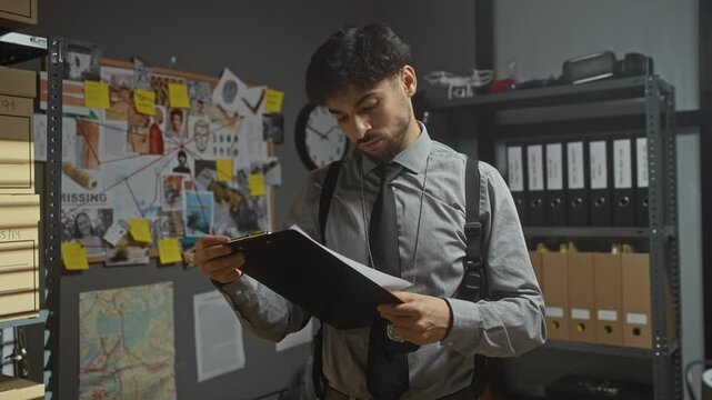A young man with a beard examines a document in a detective's office filled with clue boards and case files.