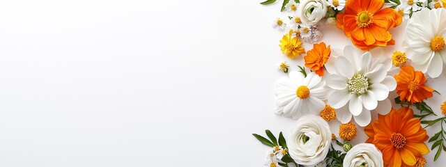 Obraz premium A white wall backdrop features a cluster of white and orange blossoms, their lush green leaves contrasting on the sides