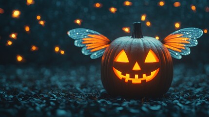 Naklejka premium Enchanting Halloween Night: Cute Pumpkin Fairy with Glowing Fireflies in Cartoon Style - Whimsical and Magical Background with Copy Space,