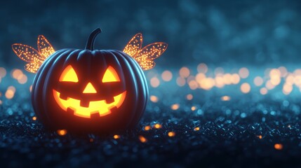 Obraz premium Enchanted Pumpkin Fairy with Fireflies on Halloween Night - Whimsical Fantasy Scene with Copy Space, Quality