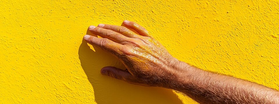  A man's hand, painted yellow, before a yellow wall His shadow casts a hand-shape on the wall