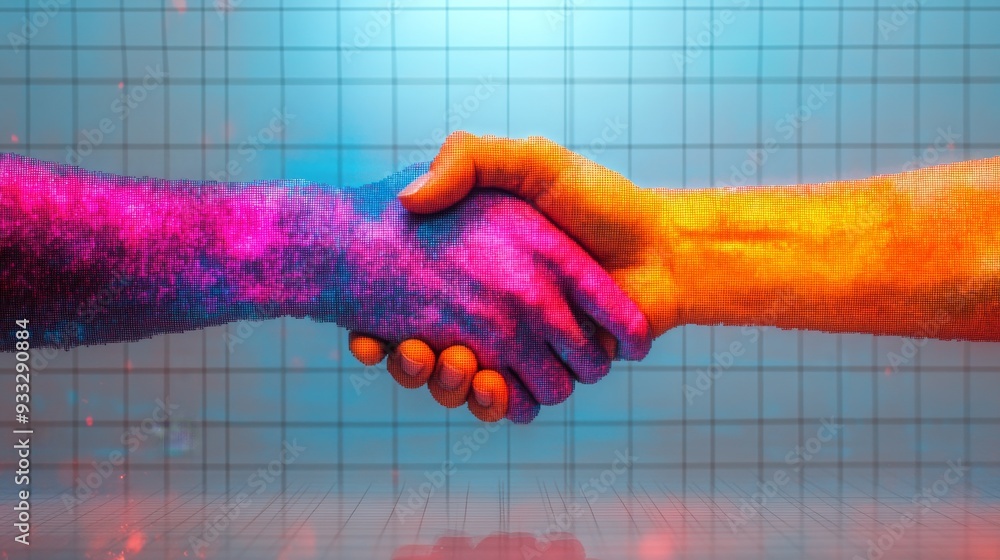 Poster two vibrant, digitally rendered hands shake in a display of unity and cooperation, set against a col