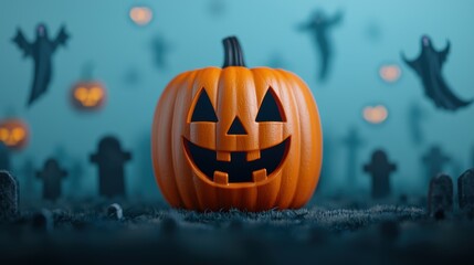 Bewitched Pumpkin in Misty Graveyard - Halloween with Spirits, Copy Space, Selective Focus,