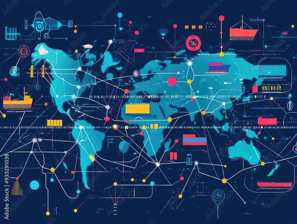 Poster streamlined logistics network flat design depicting a global shipping routes system and supply chain