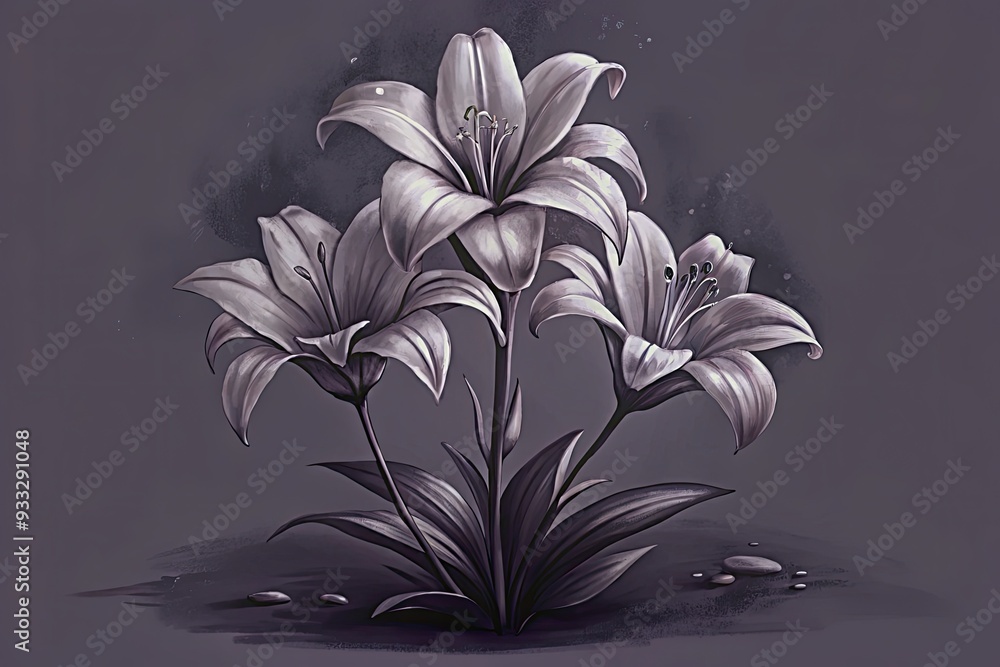 Sticker Elegant black and white lilies against gray.