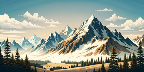 Simple flat vector illustration as Mountain landscape with clear blue sky concept as A breathtaking mountain landscape under a clear blue sky symbolizing the heights of hard work ideal for business pr
