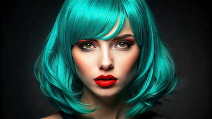 Naklejka premium sharp high-contrast headshot of girl with vibrant turquoise hair and bold orange lipstick against a black gradient background for an edgy look