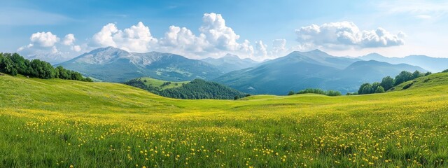  A lush green field dotted with yellow flowers Mountains in the background Distant blue sky with clouds