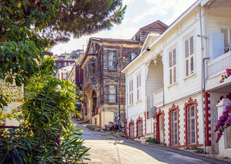 island street and old roadside houses in the summer, prince islands, adalar, istanbul