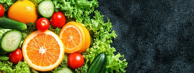  An arrangement of fruits and veggies forming an orange and cucumber shape against a black backdrop