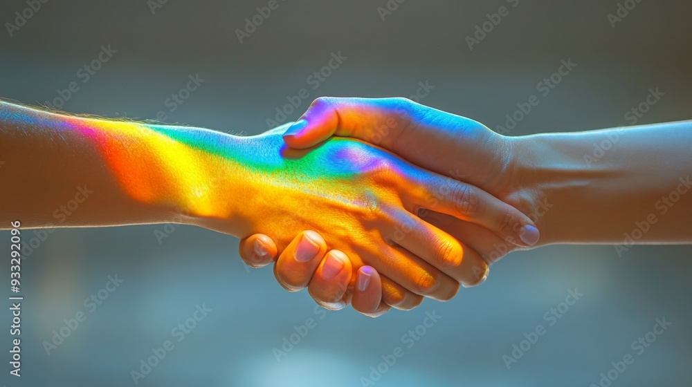 Poster a vibrant handshake showcases a rainbow effect, representing connection and inclusivity between two 